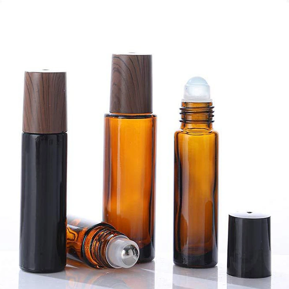 10/15ml Amber Roller Ball Essential Oil Bottle Glass Empty Perfume Refillable Liquid Dispenser With Steel/Glass Container Mini