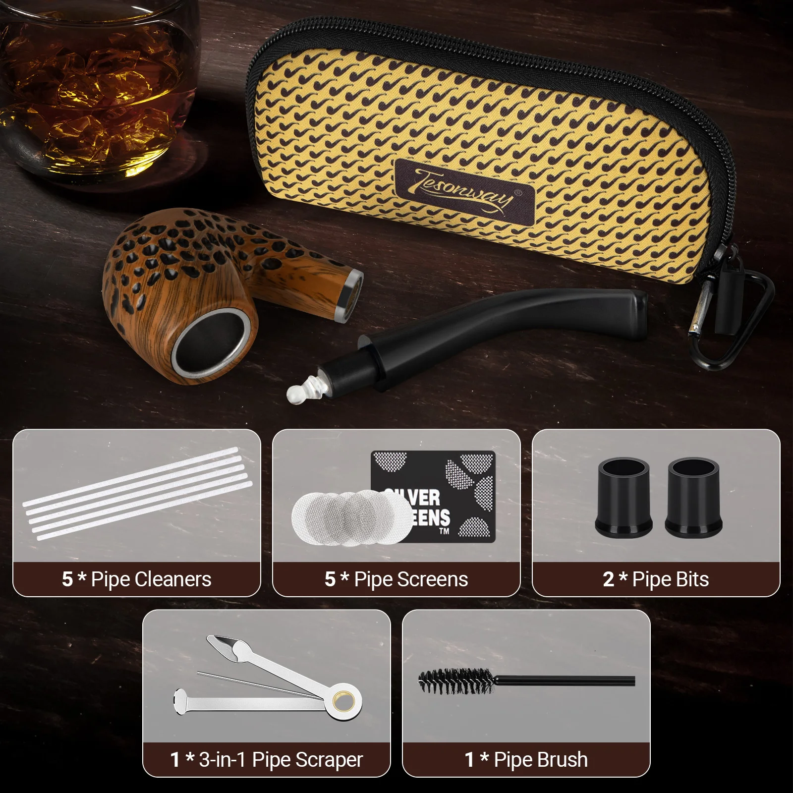 Tesonway Smoking Pipe Set, Resin Pipe with Pipe Pouch, Smoking Accessories, Beginner Pipe Kit