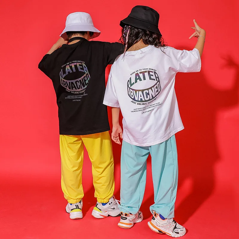 Kid Hip Hop Clothing Reflective Graphic Tee Oversized T Shirt Streetwear Jogger Sweat Pants for Girl Boy Dance Costume Clothes