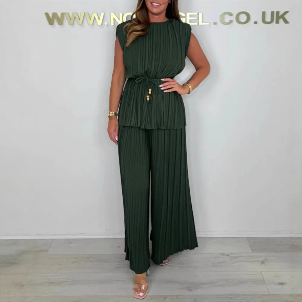 Pantaloni a gamba larga senza maniche pieghettati alla moda elegante Set da 2 pezzi da donna Nuovi pantaloni casual larghi con lacci Abito da ufficio femminile
