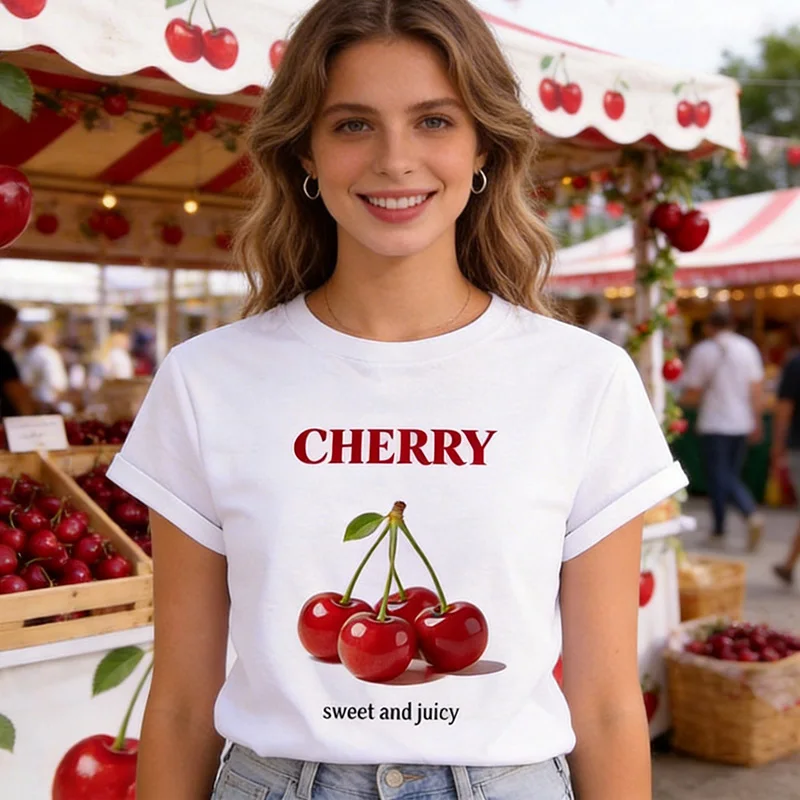 Frühling Sommer Rundhals Kurzarm T-Shirt für Damen Vintage Y2k Tees Tops Damen Süßes Kirsch-Print Grafik T-Shirt Kleidung