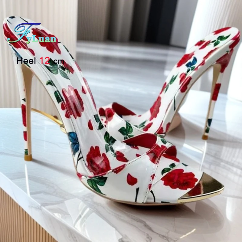 

2025 Женская обувь на высоком каблуке с красным цветочным принтом 12 см. Тапочки на тонком каблуке с металлическим острым носком. Женские туфли-лодочки с открытым носком.