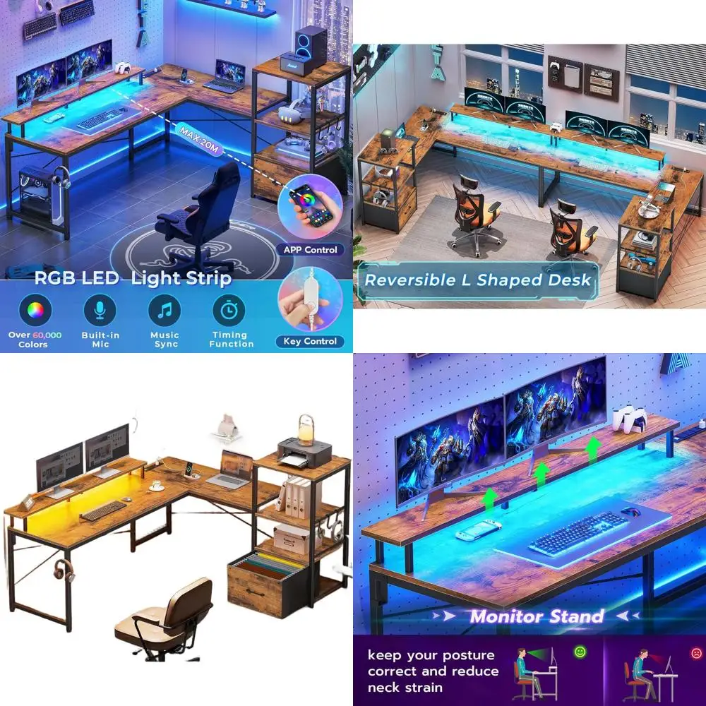 51-inch LED Gaming Desk with Fabric Drawer, Power Outlet, and Storage Shelves in Rustic Brown