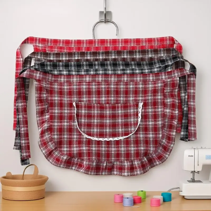 Avental Quadrado Xadrez de Meia Cintura em Algodão, Resistente a Manchas e Respirável, para Cozinha Doméstica e Trabalho, Acessório de Cozinha