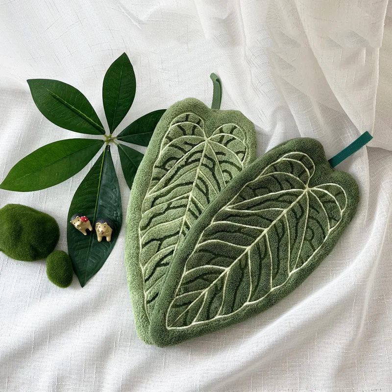 Absorbent Imitation Plant Leaves Hand Towel Kitchen Towel Soft Bathroom Hanging Hand Towel Cleaning Cloth Green Handkerchief