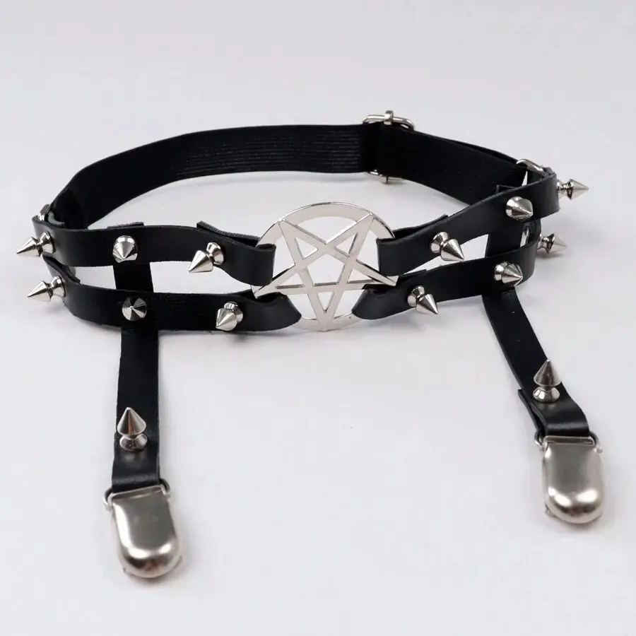 1PC Y2K Gothic Women's Black Handmade Leather Garter Belt With Metal Star Ring Rivets And Punk Style For Street Dance