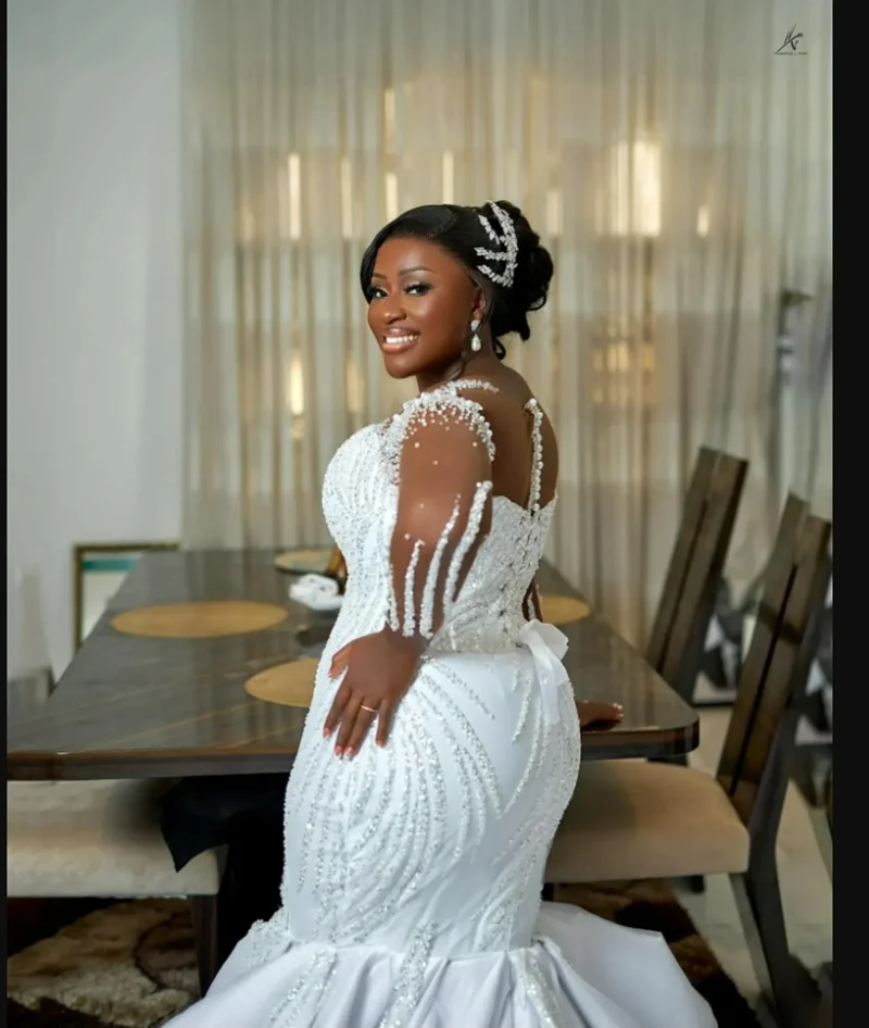 Свадебное платье с прозрачным вырезом и блестящими бусинами и блестками по индивидуальному заказу Robe De Mariee Luxe Africa с длинными рукавами и корсетом на спине, свадебное платье русалки