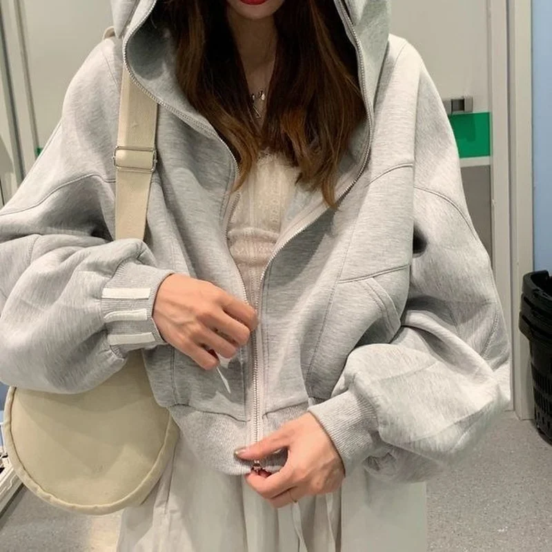 2024 Women's Net Red Rabbit Ears Hooded Sweater Women's Short Gray Wild Loose Lazy Style Long-sleeved Fashion Trend Jacket