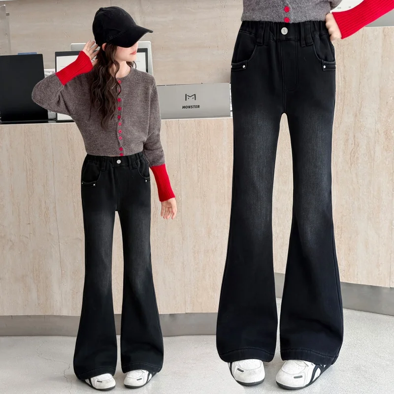 Girls Winter Fleece Lined Flare Jeans, Black Gradient Washed Stretch Denim Bootcut Pants, Kids Warm Trousers