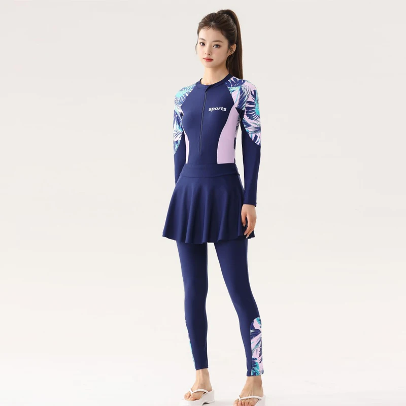 

Full Cover Lycra Wetsuit Women One Piece Swimwear Long Sleeve Swimsuit With Swim Skirt Surfing Suit Beachwear Bathing Suit