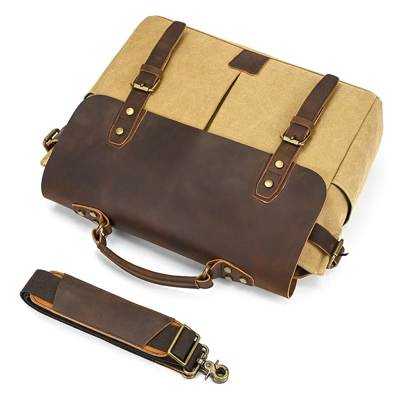 Vintage Canvas and Leather Briefcase for Men, Crazy Horse Leather Messenger Bag