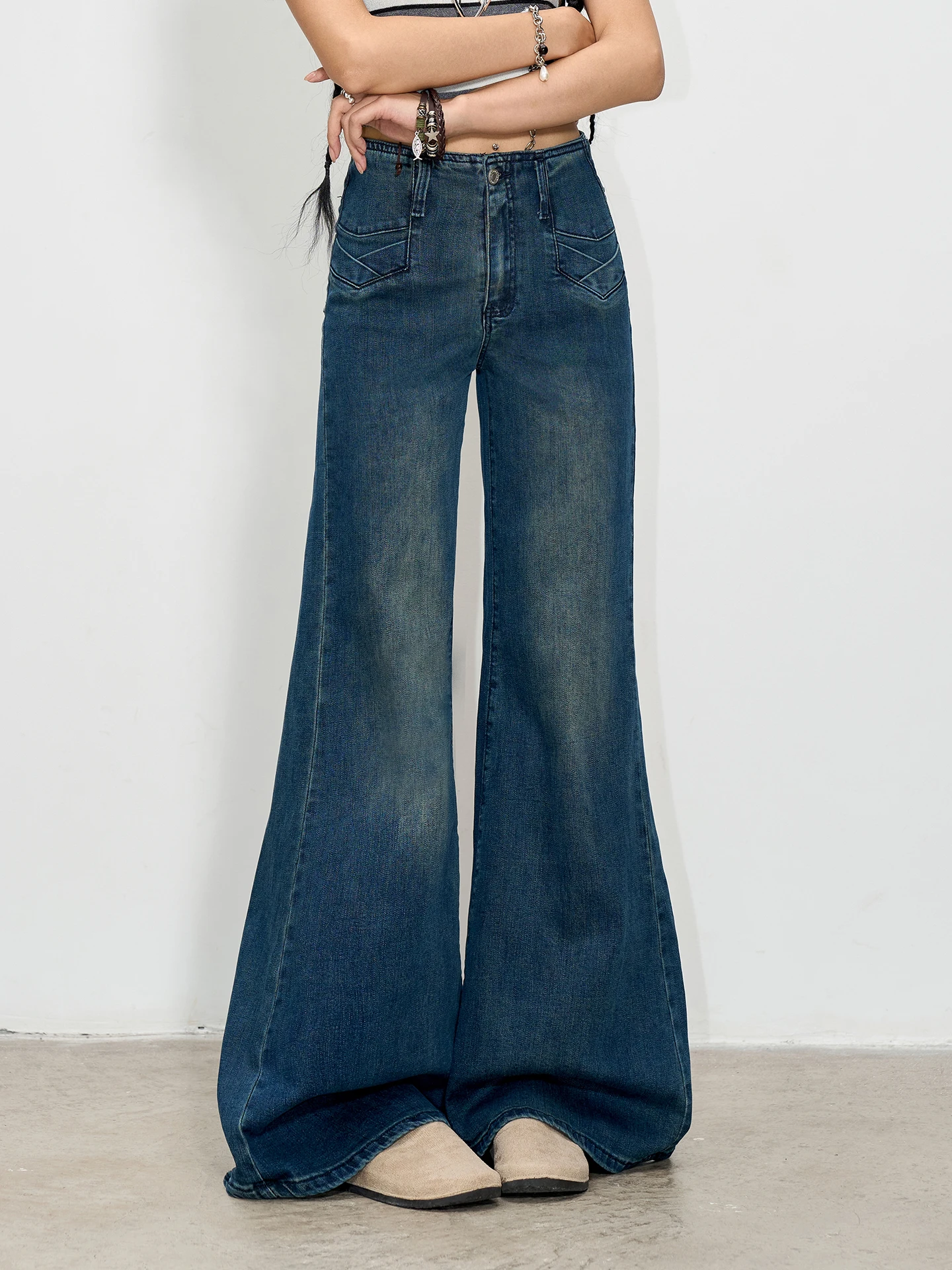 TGXQ American Retro Blue Wide Leg Denim Jeans High Waist Loose Design Sensation Micro Flared Pants Women's Fashion Premium Qu...
