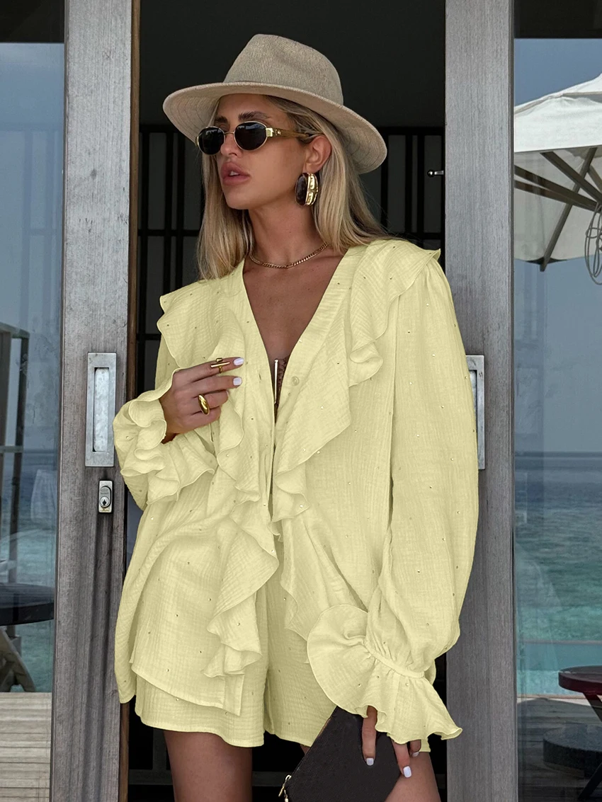 Marthaqiqi Cotton Ladies Nightgown Set Sexy V-Neck Nightwear Long Sleeve Sleepwear Shorts Causal Loose Femme Pajama 2 Piece Suit