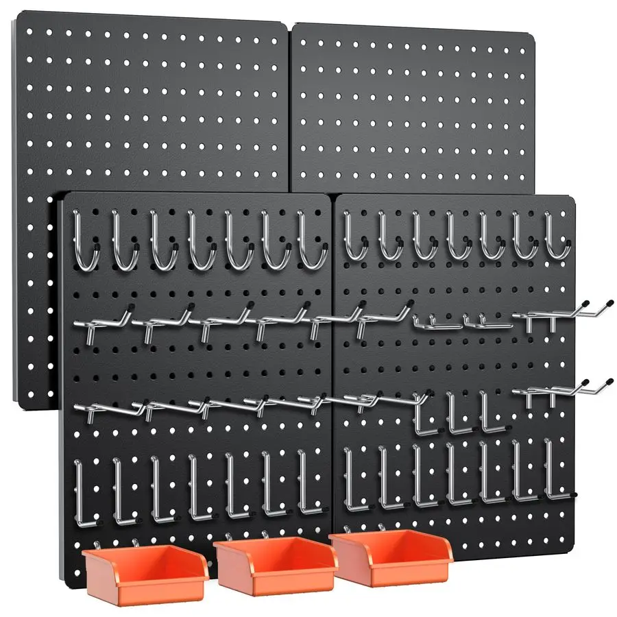 Tablero, kit de tablero perforado de metal de 110 piezas, incluye paquete de 4 paneles de tablero perforado negro con accesorios y cerraduras de gancho, clavija grande y resistente B