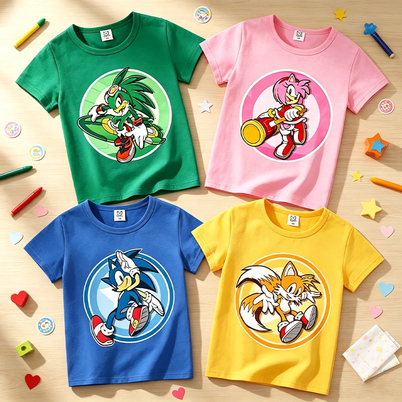 Anime Kawaii T-shirts for Boys Girls Sonics Cartoon Printed Cute Short-sleeved Top Children Summer Fashion Sports T-shirt Gifts