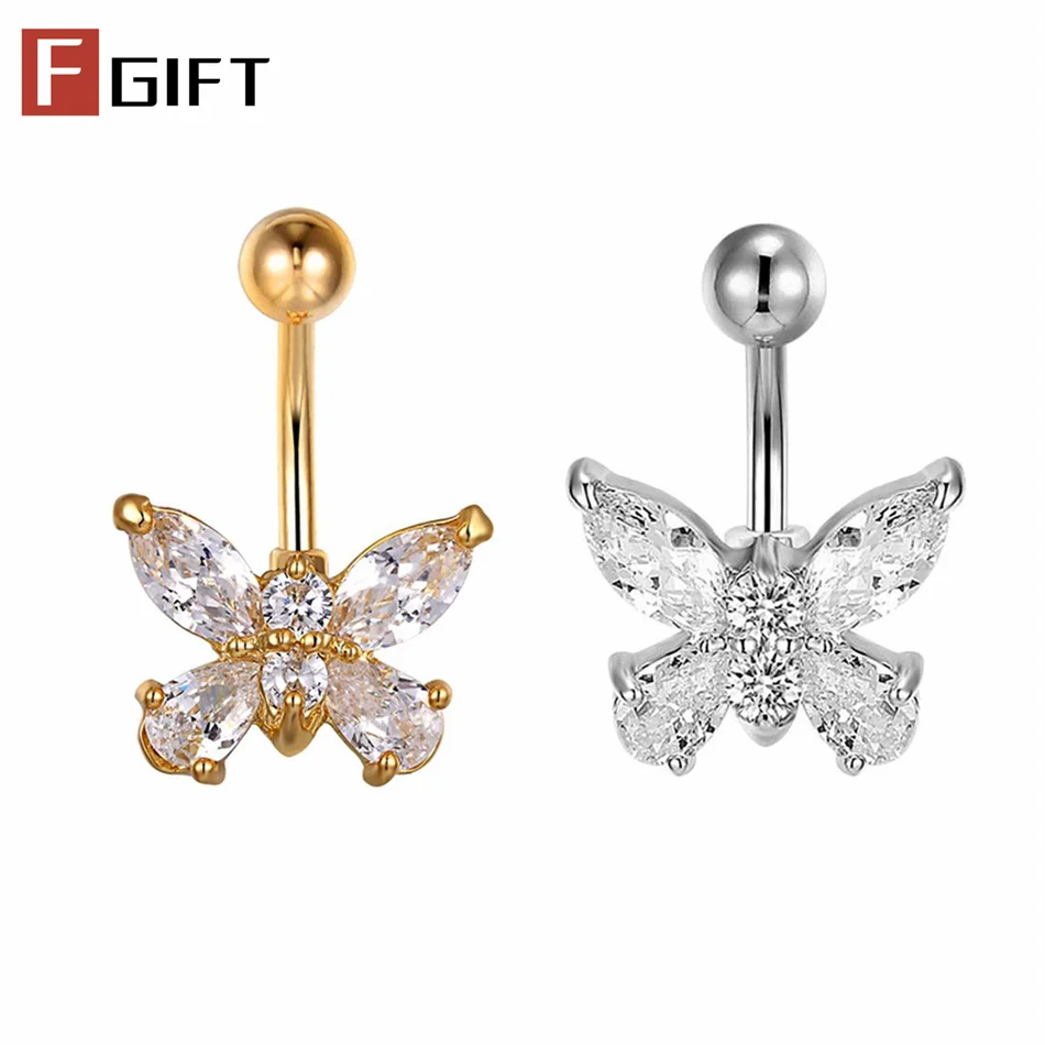 Anneaux de nombril en cristal transparent, bijoux de piercing pour le nombril, barbel en acier inoxydable, zircon, papillon, anneaux de nombril mignons pour femmes et filles