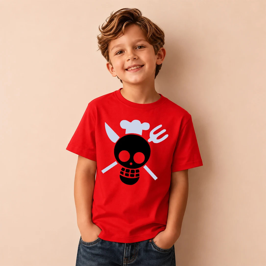 Kids T‑Shirt One Piece Sanji Pirate Skull Chef Logo Print Short Sleeve Casual Tops Boys Girls Anime Children Daily Wear Tees