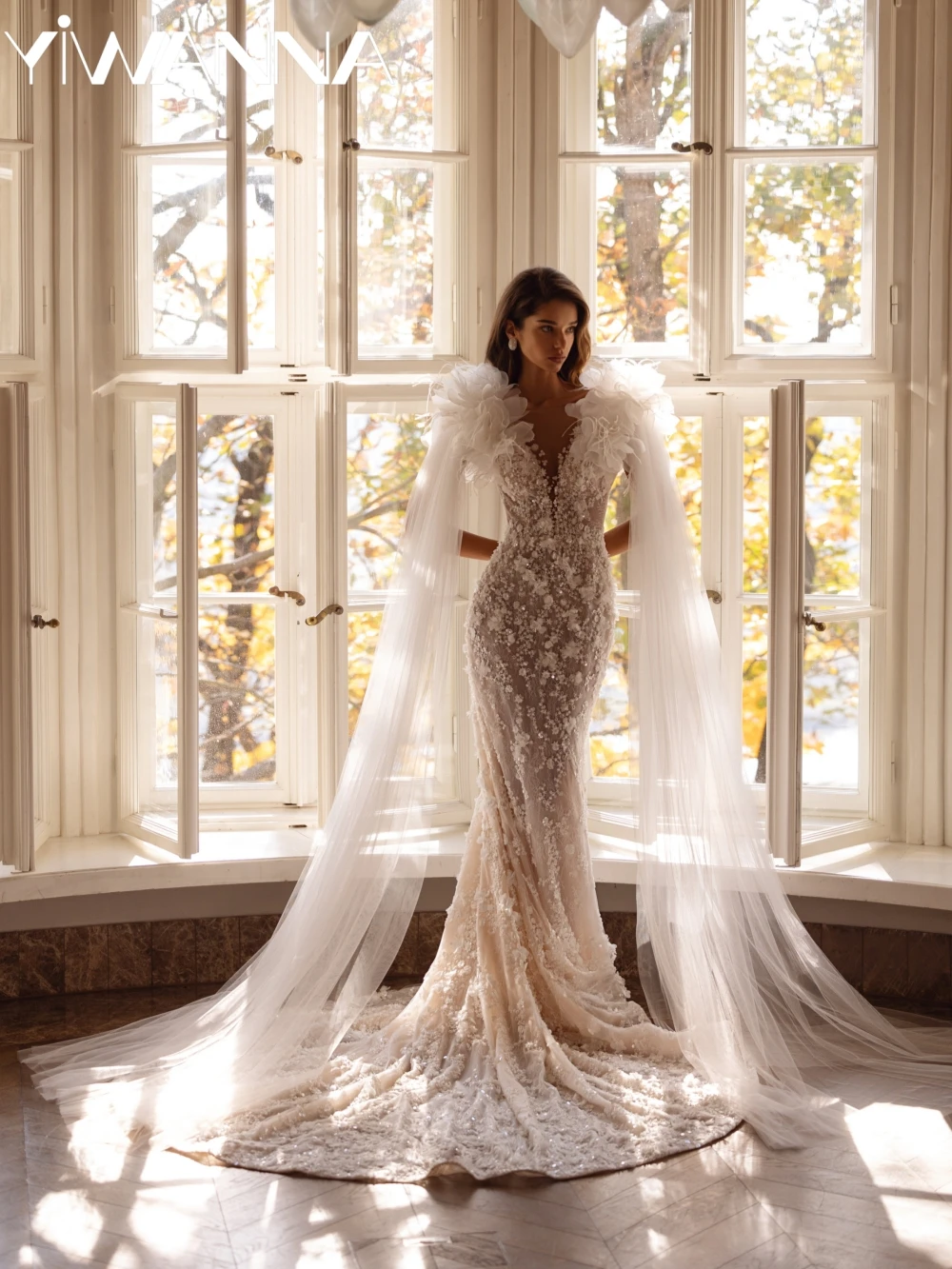 

Exquisite Pearls 3D Flower Wedding Dress With Cape Sleeve Stunning Mermaid Long Bridal Gown Customized V-neck Dresses For Bride