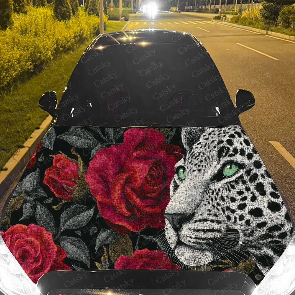 Car Decal Leopard with Rose Artistic Fusion in Split-Design, Creating a Striking and Exotic Visual Car Hood Sticker, Waterproof