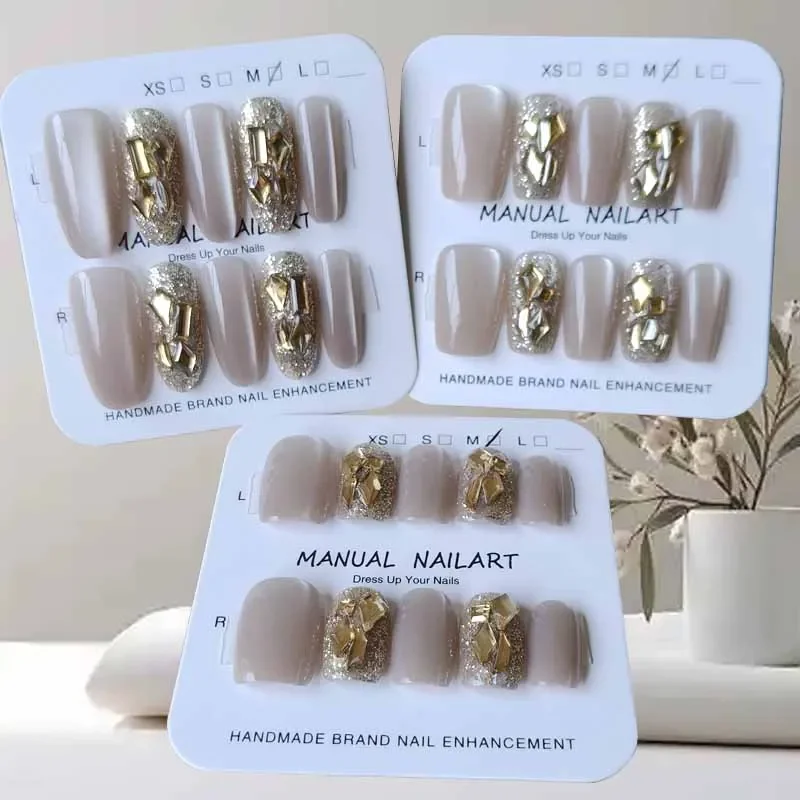 10Pcs Women Gray Champagne Color Popular Diamond Studded Handmade Design Press on Nails Fake Nail Tips Daily Wear Nail Art