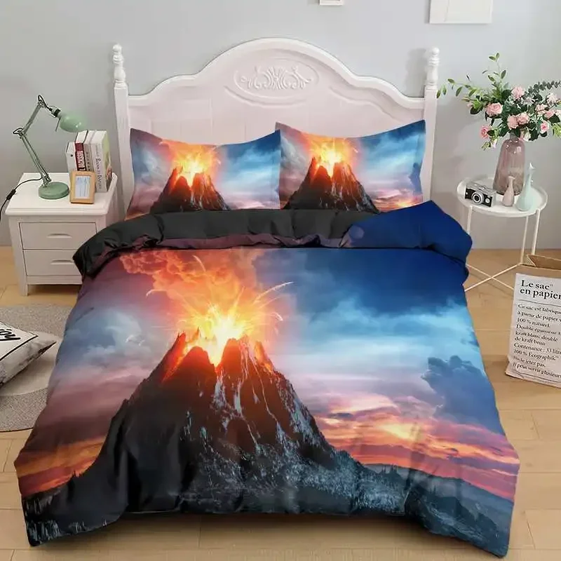 Volcano King Queen Duvet Cover Eruption Hot Lava Bedding Set for Kids Teens Adults Natural Disaster Molten Polyester Quilt Cover