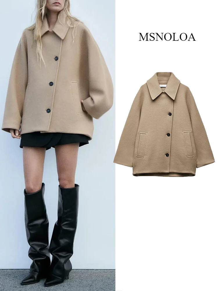 MSNOLOA 2024 Fashion Single-Breasted Jacket Casual Retro Long-Sleeved Lapel Khaki Blouse Coat Fall And Winter Women's Clothing