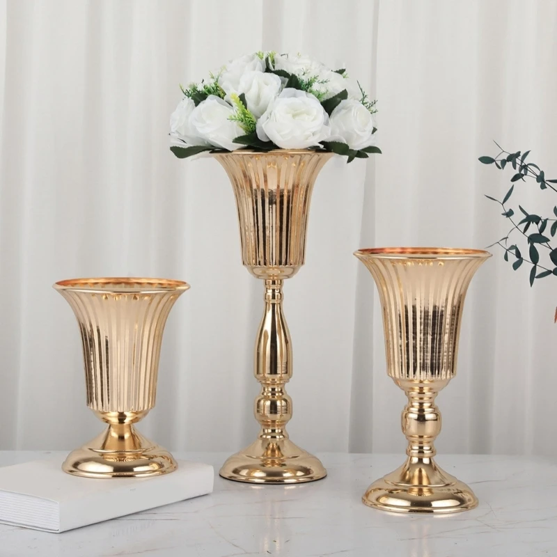 Florero trompeta Metal 20cm, 27cm y 37cm, decoración para hogar y restaurante, soporte flores Color oro