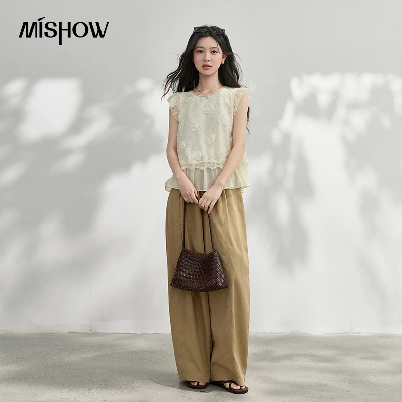 MISHOW Leisure 3D Rose Lace Blouse 2026 Summer New Fly Sleeve Ruffles Breathable French Gentle Temperament Women Top MXF24X2631