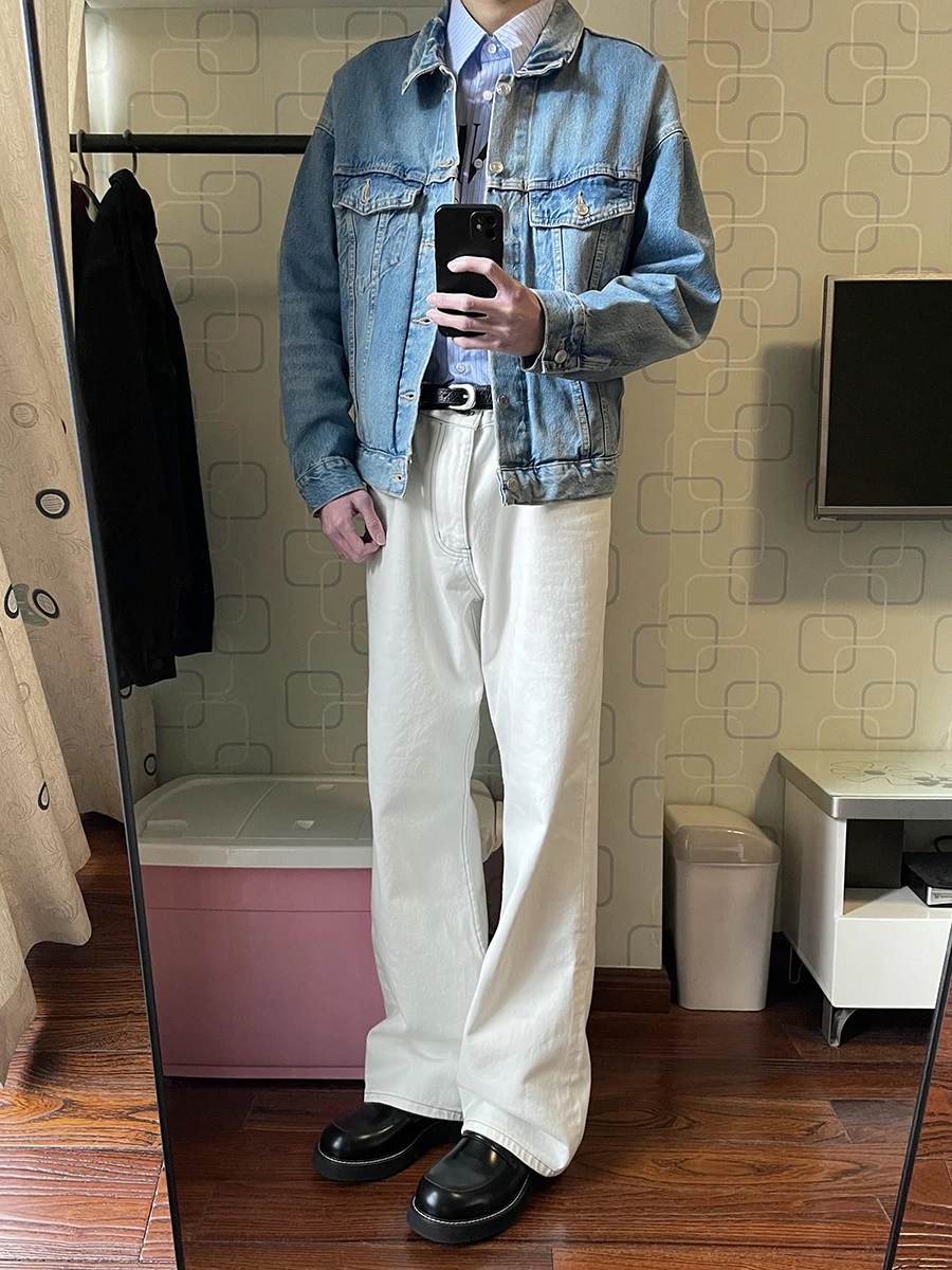 

Мужские джинсы прямого кроя цвета хаки, весна-осень, с высокой талией, удлиняющие ноги, Cleanfit, расклешенные, повседневные, молодежный тренд