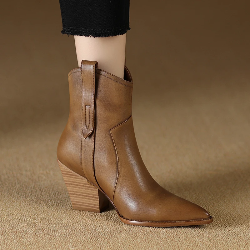 2023 Women Ankle Boots Genuine Leather Autumn Winter Short Boots Thick Heels Pointed Toe Shoes Woman Mature Basic Office Lady