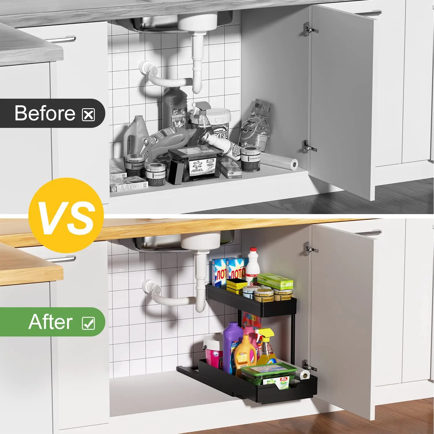 Under Sink Storage Organizer 2 Tier Drawer Pull Out Kitchen Storage Under Sink Cabinet Rack Bathroom Storage Kitchen Accessories