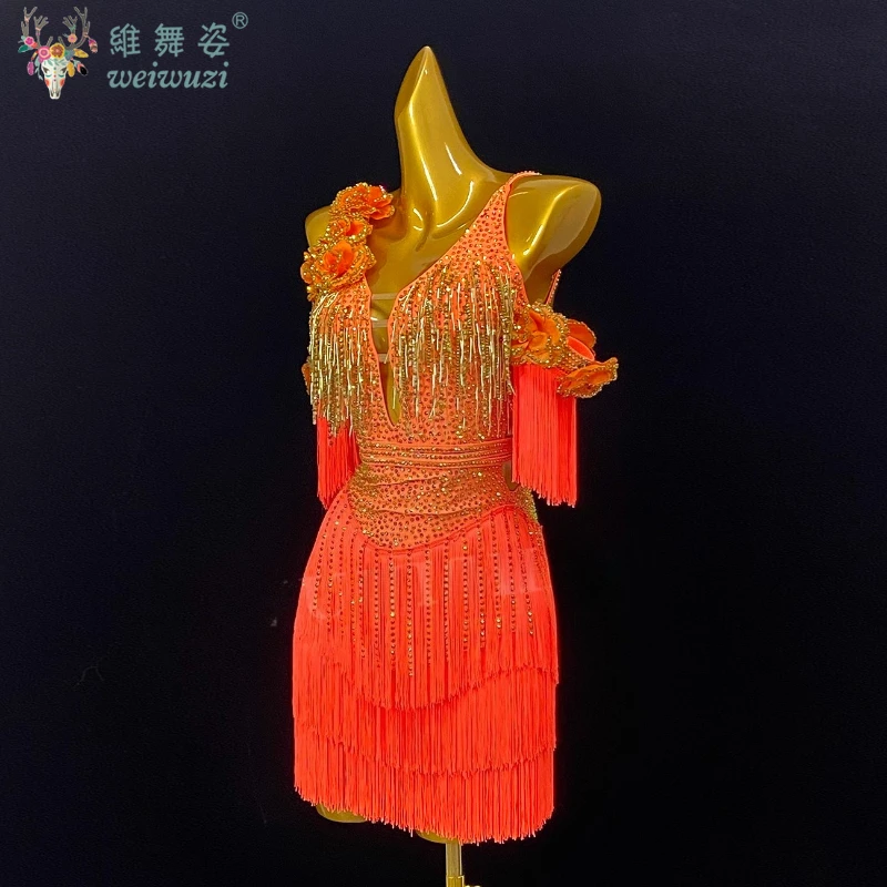 زي الراقصة اللاتينية للأطفال البالغين الراقية مخصصة من حجر الراين المجوف فستان أداء حجر الراين السامبا