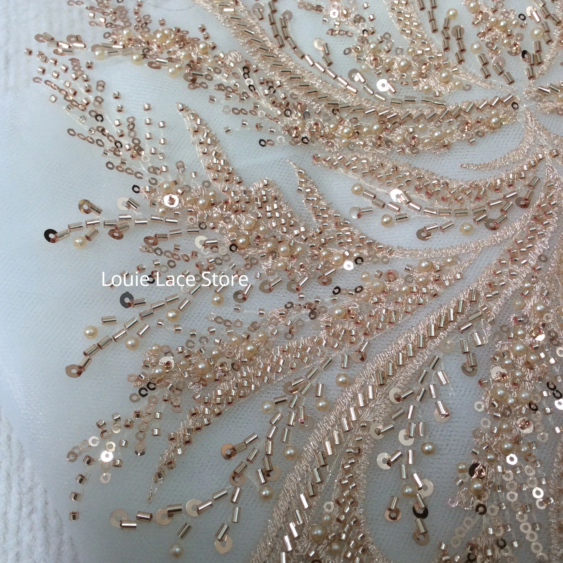 Champagne Color Heavy Beadings Pearl Tulle Mesh Lace Fabric High End Dress Sewing Fabric