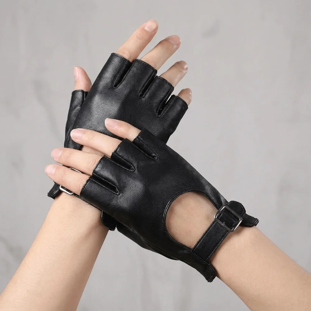 Fashion Solid Color PU Leather Gloves Punk Hollow Half Finger Gloves Cool Gothic Performance Gloves Motorcycle Riding