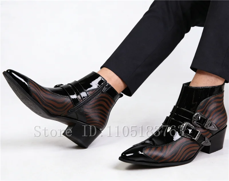Fashion Men's Zebra Stripe Patent Leather Ankle Boots Buckle Straps High Heelstylish Dress Boots for Party, Nightclub