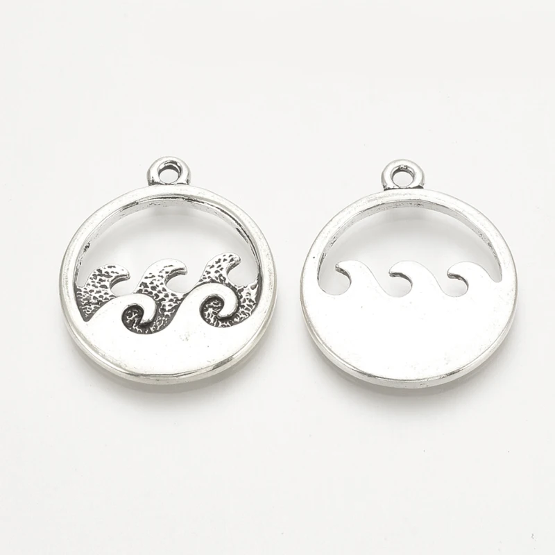 10pc Tibetan Style Alloy Pendants Flat Round with Sea Wave Cadmium Free & Lead Free Antique Silver 23.5~24x20.5x2mm Hole: 1.5mm
