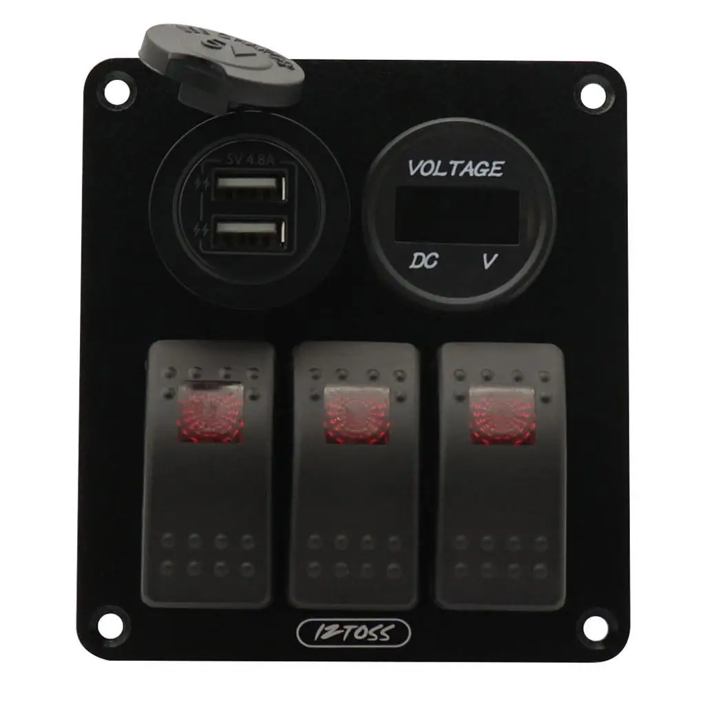3 Gang Switch Panel with Dual USB Charger and LED Digital Voltmeter 12V 24V Waterproof IP65 Pre Wired for Car Truck RV Marine