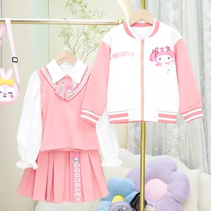 

Sanrio Kuromi Girl Shirt Coat Skirt Set My Melody Kawaii Anime Spring and Autumn Student Tops 3-Piece Set Children Clothing New