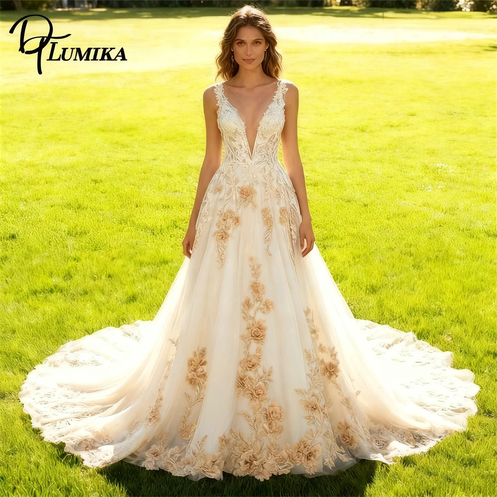 

DTLumika Deep V Neck Long Bride Dresses for Women, Tank Sleeves A Line Wedding Dress for Women, Classic Customized Bridal Gown