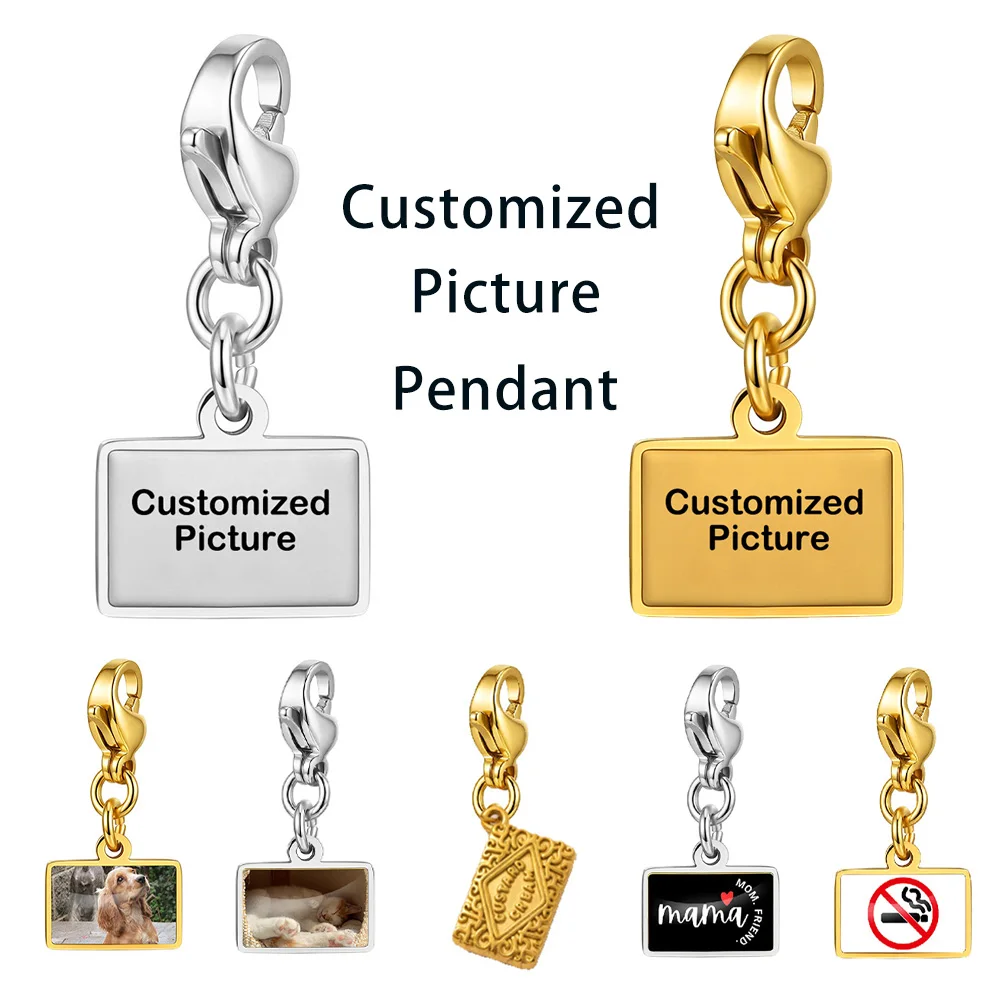Silver Color Square Customized Pendant DIY Picture Logo Flag Pet Pattern Image Jewelry Charm Women Men Gifts Making Accessories