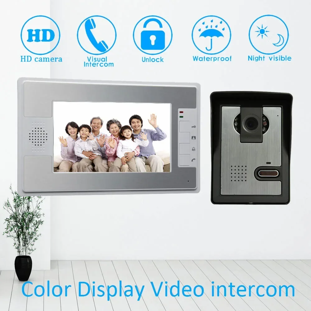 1 Set 7 Inch Color Display 1 To 1 Wired Video Door Bell Intercom System RFID Card Unlock Waterproof Camera Smart  Doorphone