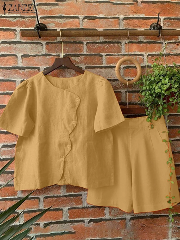 半袖セットアップ レディース 無地 カジュアル ゆったりトップス ウエストゴム ショートパンツ ZANZEA 2025 夏 ファッション OL 仕事 マッチングセット 2点セット
