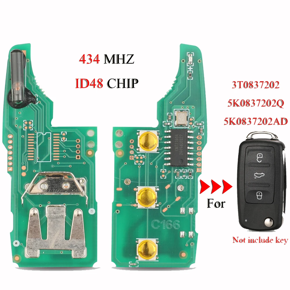 

jingyuqin Remote Car Key Circuit Board For VW Beetle Caddy Eos Golf 6 Jetta Tiguan Seat Skoda Fabia 434Mhz ID48 Chip 5K0837202AD