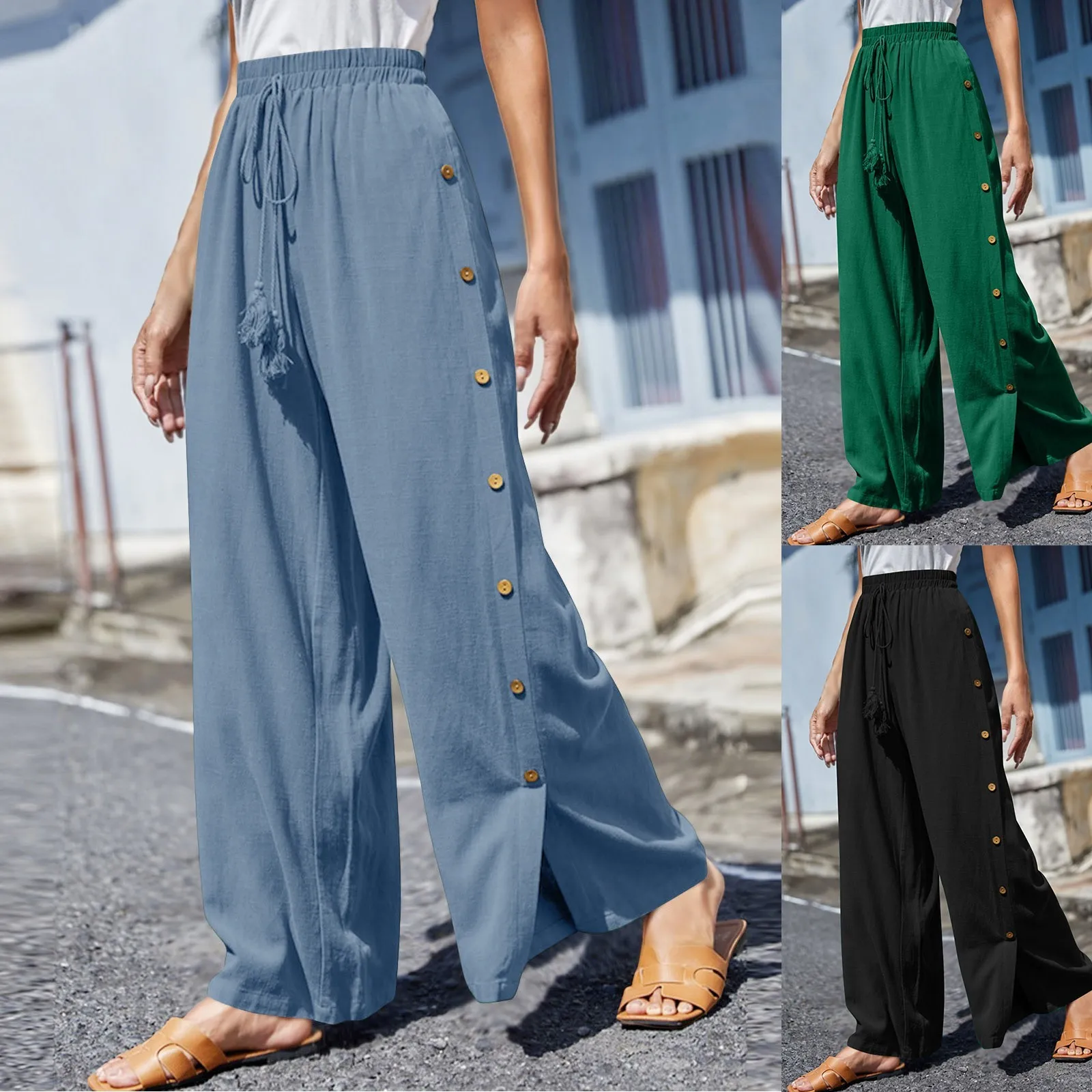 Pantalon Décontracté à Taille Haute pour Femme, Couleur Unie, artificiel astique, Rétro, Simple, Jambes Larges, Nouvelle Collection Automne Été