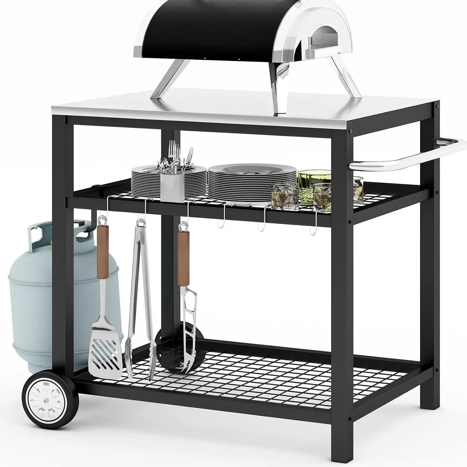 Mesa de carrito de preparación y trabajo de alimentos móvil, carrito de parrilla de acero inoxidable, mesa Modular con ruedas y ASA, doble estante comercial