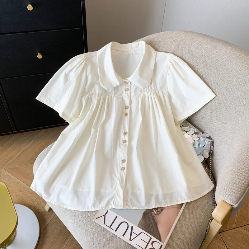 Sweet Peter Pan Collar Cotton Blouse Women Summer 2025 Puff Sleeve Gold Button Short Shirt French Vintage Doll Tops Cute Style