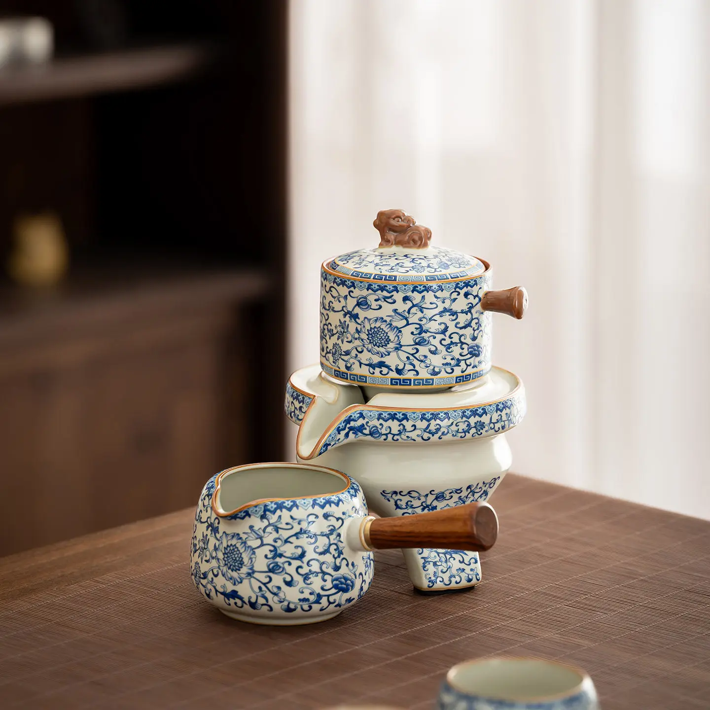 PYH blue and white Ru kiln anti-scalding automatic tea set, high-end guest stone grinding teapot, kung fu teacup