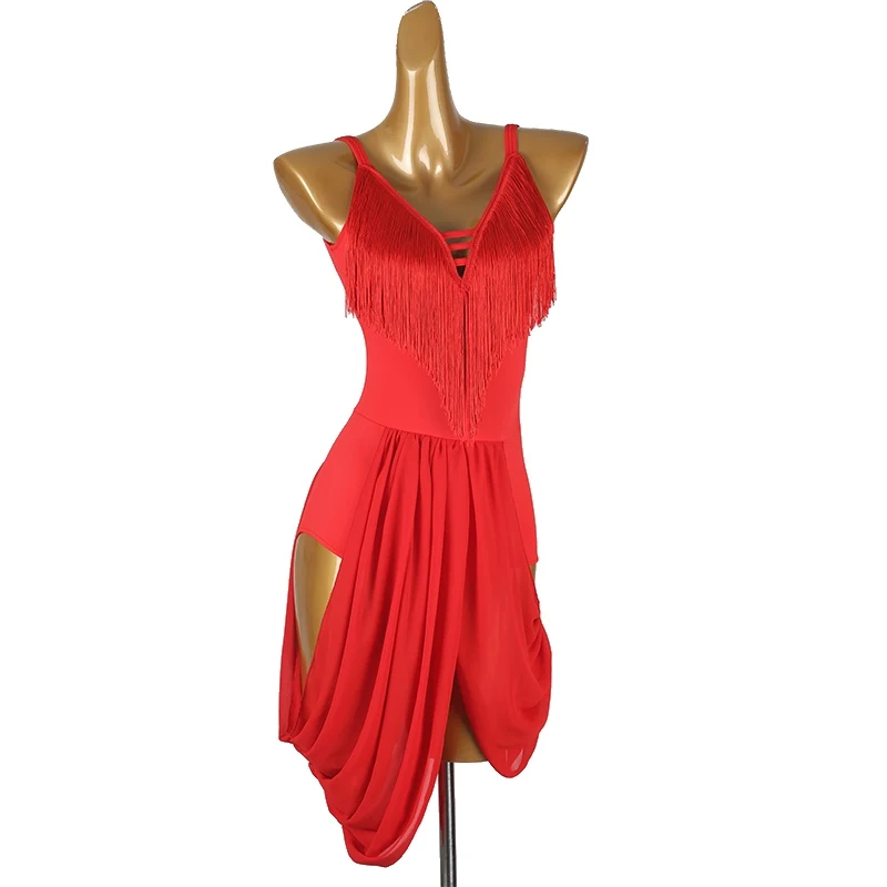 Robe de danse latine pour femmes, Sexy, dos nu, avec pompons, vêtements d'entraînement, Chacha Samba, robe de concours de danse latine, DQL11140