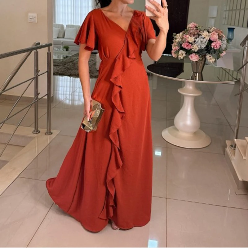

Women Summer Short Sleeve Commute Dress Fashion Loose Irregular Split Bohemian Dress Sexy V Neck Ruffle Banquet Long Dress Mujer