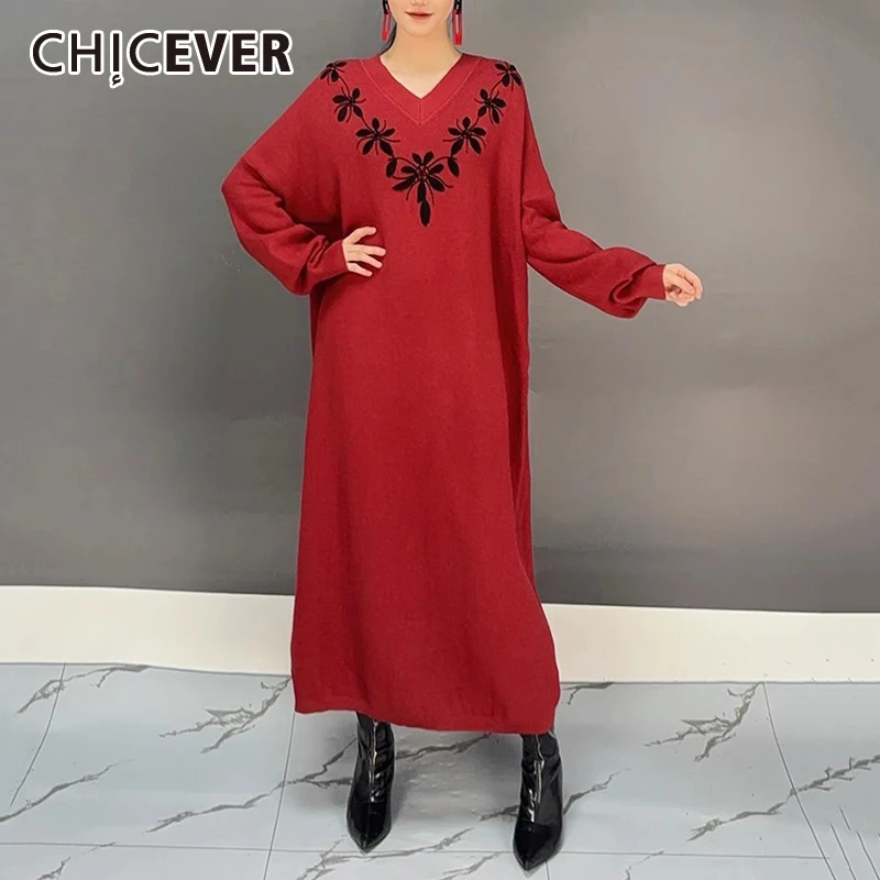 CHICEVER Casual Women\'s Dress V Neck Long Sleeve Loose Waist Pullover Printed Black Color Female Plus Size Dresses Clothes New